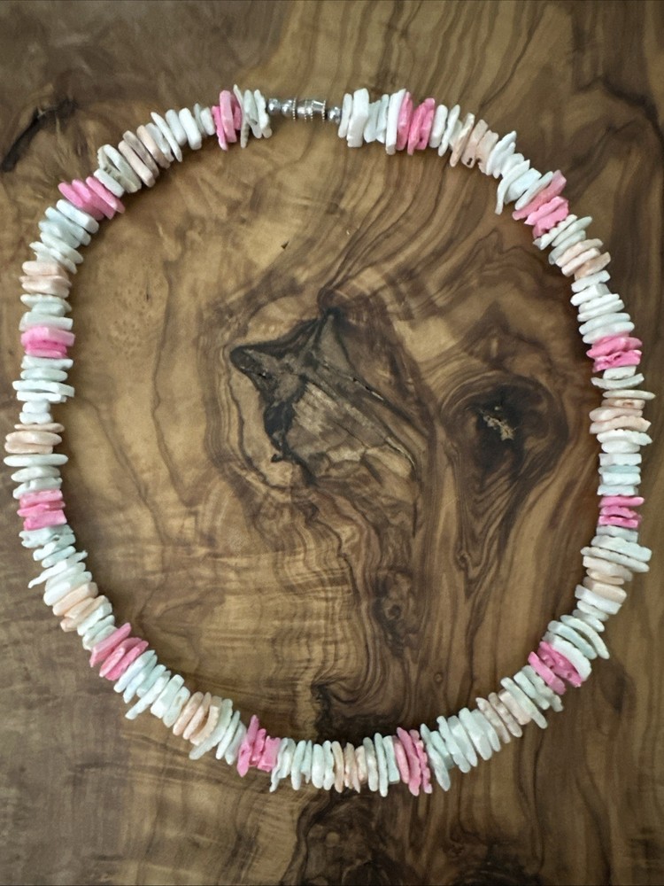 Vintage Flat Multi Color Puka Shell Bead Necklace Surfer Beach Retro Boho 18”