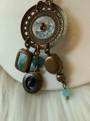 Grandmother’s Buttons Art Glass Necklace Moon Face Vintage Blue Bead Brass Chain