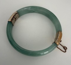 Vintage Genuine Natural Jadeite Jade Hinged Bangle Bracelet 60mm Safety Chain
