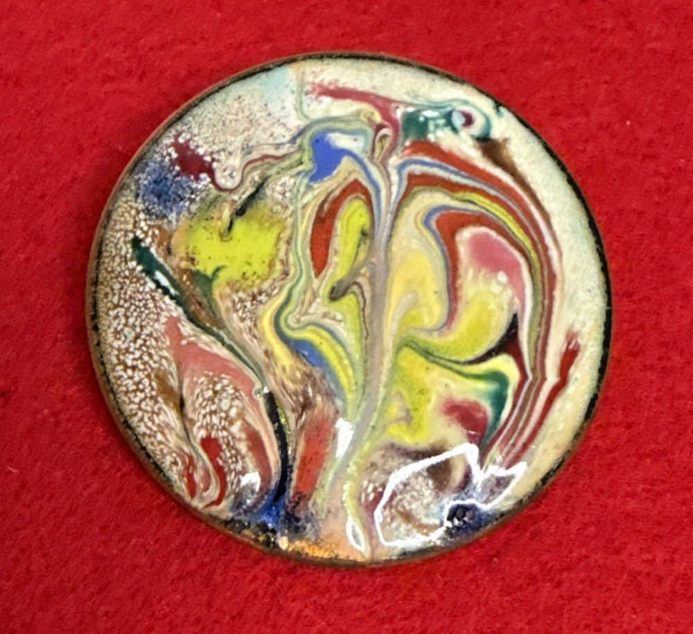 Vintage Mid Century Modern Enamel On Copper Brooch Abstract Swirl Pin