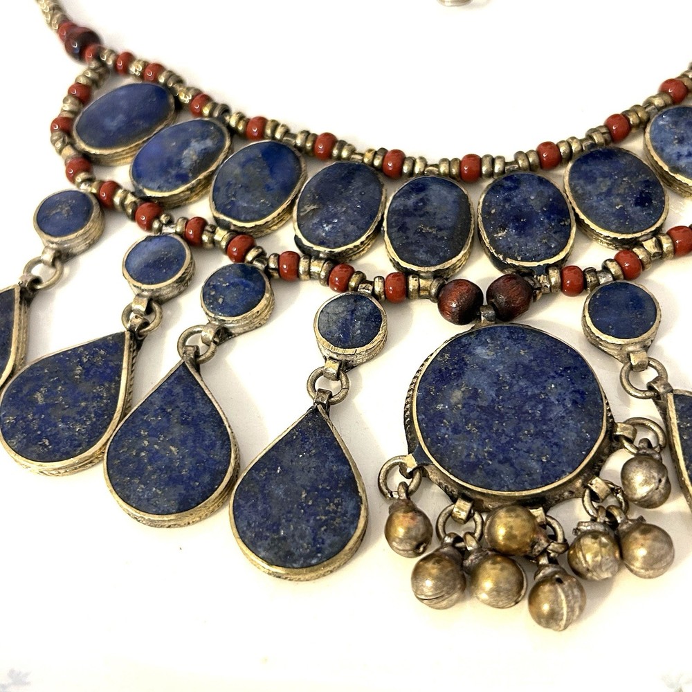 Vintage Ethnic Necklace Lapis Lazuli Drop Statement Collar Red Boho Tribal 19″