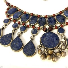 Vintage Ethnic Necklace Lapis Lazuli Drop Statement Collar Red Boho Tribal 19″
