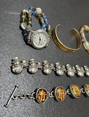 Vintage Bracelet Lot Of 5, Pewter Snowmen, Resin & Metal, Glass Bead Wristwatch