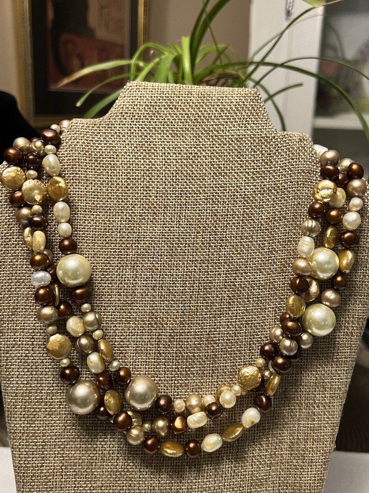 VINTAGE ESTATE 3 STRAND CHAMPAGNE BROWN GENUINE PEARL 6 BEAD NECKLACE STERLING
