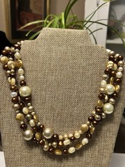 VINTAGE ESTATE 3 STRAND CHAMPAGNE BROWN GENUINE PEARL 6 BEAD NECKLACE STERLING