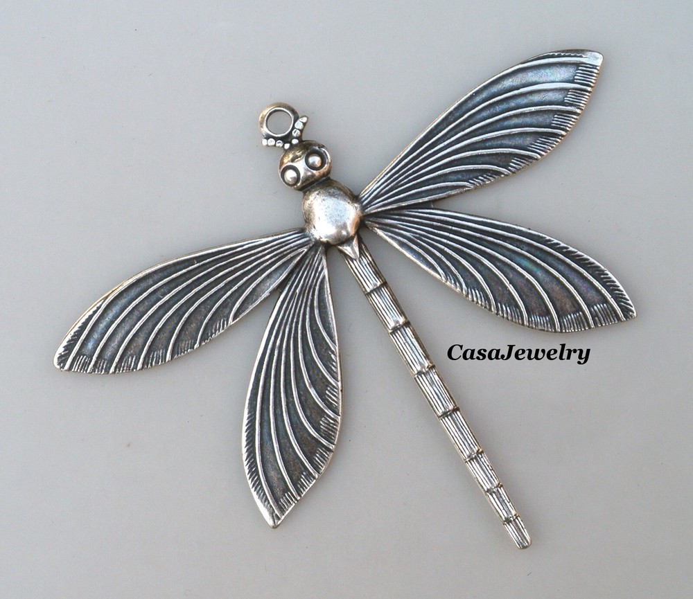 #4103 LARGE ANTIQUED STERLING SILVER PLATED DRAGONFLY W/TOP HANG RING – 1 Pc