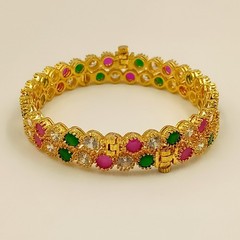 Luxury Ruby Emerald CZ Bangle Set, 22k Gold Plated, Elegant Traditional Wear