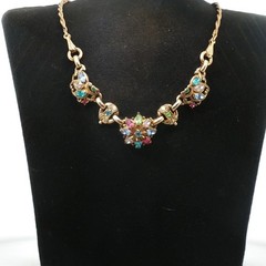 Vintage Barclay Signed Rhinestone Floral Bib Necklace Multicolor Statement