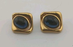 Vintage YSL Yves Saint Laurent Gold Tone Blue Cabochon Pierced Clip Earrings…