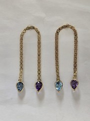 Vintage Antique Dangling Earring 14k Gold Amethyst N Blue Topaz Mesh Design 40mm
