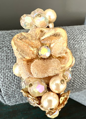 MIRIAM HASKELL FAUX PEARL CRYSTAL RHINESTONE FLOWER WRAP BRACELET / 2 STRAND