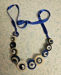 BEAUTIFUL ARTISIAN MADE VINTAGE JULIET BUTTONS w/BLUE SATIN RIBIN NECKLACE