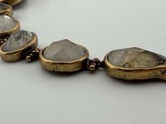 Vintage Brass Statement Bracelet Rutilated Quartz Mixed Stone Peacock Engraving