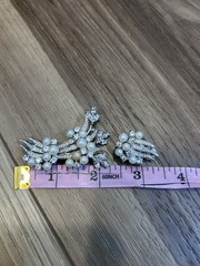 Vintage Penning Clip On Earrings & Brooch Pin Set Pearl Rhinestone Silver Tone