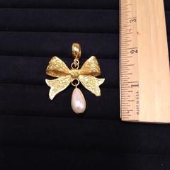 Dauplaise Gold Tone Bow Pendant with Faux Pearl Dangle (No Chain)