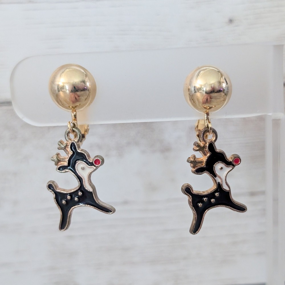 Vintage Clip On Earrings Reindeer Dangle Earrings