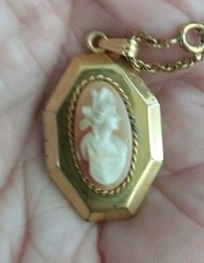 Antique 12 k gold filled Cameo Hexagon Shaped Double Picture Locket & Chain