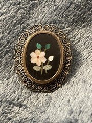 Antique 800 Silver Pietra Dura Floral Mosiac Filigree Oval Brooch