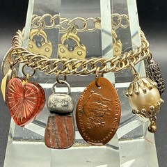 Vintage Brassy Bronzy Bracelet & Charms of Mixed Metals: Heart, Angel Wing, OOAK