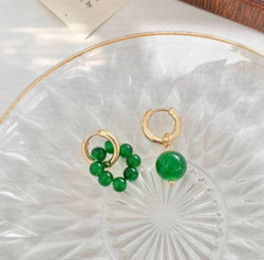 Vintage Asymmetric Gold-Tone Huggie Hoops with Green Jade Bead & Cluster Charms