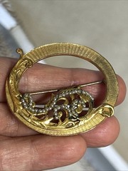 53. Vintage Miriam Haskell Gold tone Faux Pearl Oval Open Work Pin 45mm. As Is