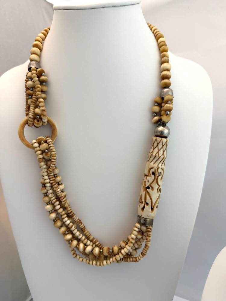 Vintage Hand Carved Organic Bovine Bone Tribal Statement Necklace Elephants