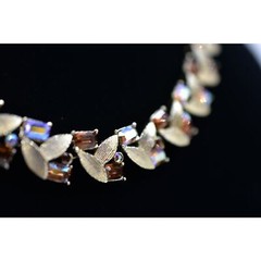 Francois Vintage Crystal Leaf Necklace Collar Baguette Rhinestone Signed Bin4