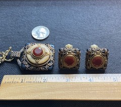 Vtg PATRICE Brass Carnelian Onyx Double Strand Bead Pendant Necklace Earring Set
