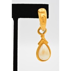 Vintage Dangle Earrings Pearl Teardrop Cabochon Hoop Brushed Gold 1980s BinAG