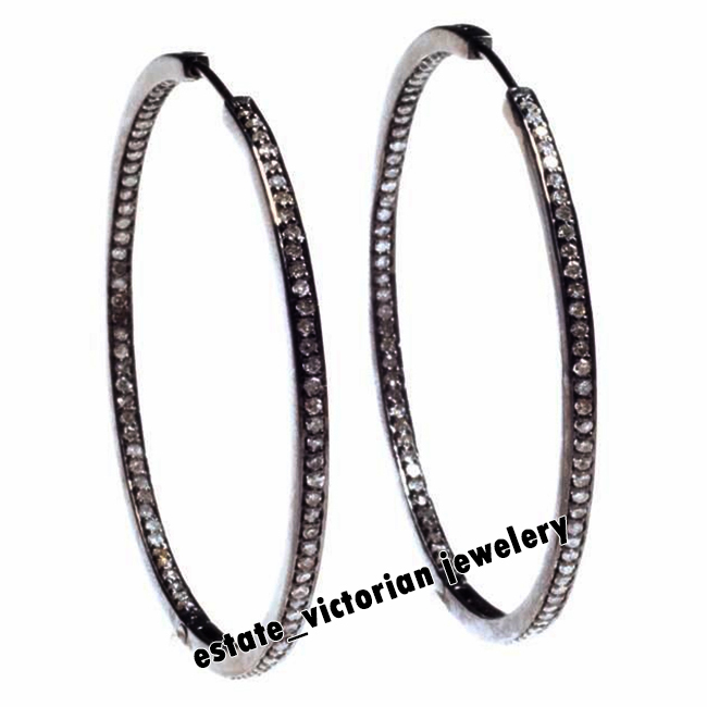 2.90ctw Genuine Old Mine Rose Cut Diamond Silver Victorian Hoops Earring Jewelry