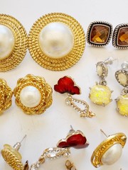 Lot of 8 Pairs Vintage Gold Tone Statement Earrings Faux Pearl Rhinestone Enamel