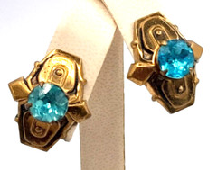 Vintage 1940s/1950s Gold Tone Blue Rhinestone 1″ Screw Back Earrings Retro