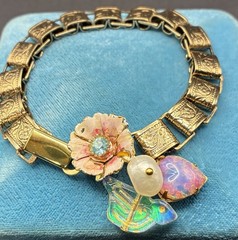 Vintage Faux Opal Heart, New Victorian Book Chain Bracelet & Czech Glass Bird