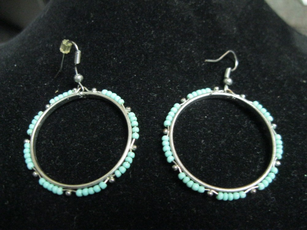 VTG SILVER colored & fake turquoise bead dangle EARRINGS