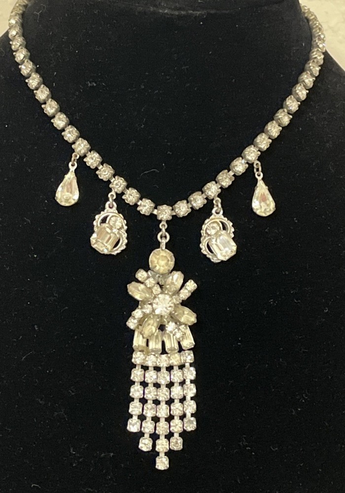 VTG Art Deco Clear Rhinestone Choker Necklace in Silver Tone Prong Settings