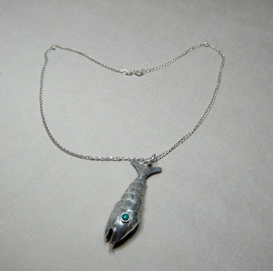 Vintage Mexican Sterling Silver Articulated Turquoise Set Fish Pendant Necklace
