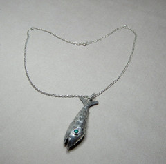 Vintage Mexican Sterling Silver Articulated Turquoise Set Fish Pendant Necklace