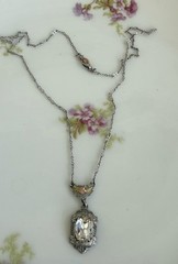 Antique 1920s White Co. Lavaliere Pendant Necklace Clear Crystal Silver/Gold ton
