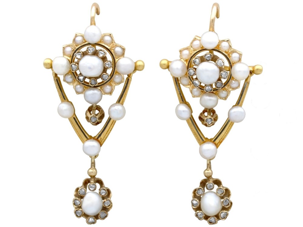 Natural Pearl, 0.66Ct Diamond and Enamel, 9k Yellow Gold Drop Earrings