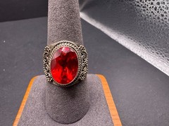 Vtg 925 Sterling Silver Ornate Statement Ring Large Oval Red Garnet Sz 9.5