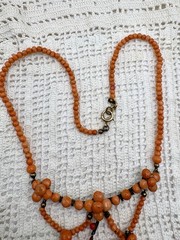 Antique Sterling Natural Mediterranean Salmon Coral Festoon Dangle Necklace 16”
