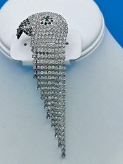 Estate Parrot Brooch Vintage Rhinestones White Green Black Book Piece