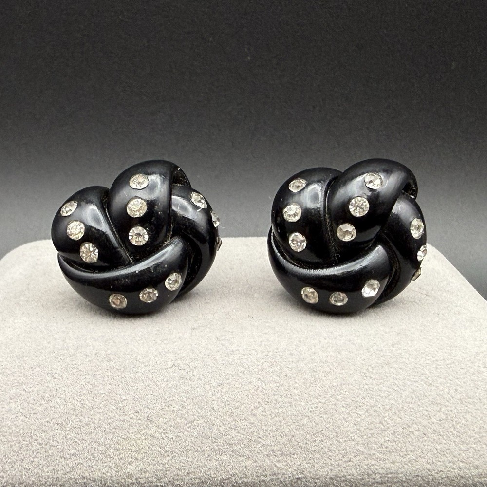 Vintage Black Lucite & Rhinestone Love Knot Screw Back Earrings Retro Statement