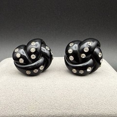Vintage Black Lucite & Rhinestone Love Knot Screw Back Earrings Retro Statement