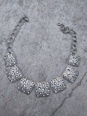 Chunky Silvertone Chain w Ridged Square & Clear Rhinestone Faux Animal Print
