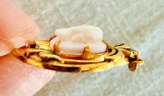 Antique 10K Gold Shell Cameo Pendant Black Enamel Pearl Drop Victorian Style