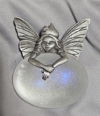 VTG JJ JONETTE Pewter Pin Brooch Winged Fairy Purple Sparkles Crystal Ball 1.75″