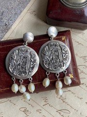 Vintage 800 Silver Mother of Pearl Ethnic Dangle Earrings Handmade 27.2g Gift