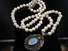 Vintage Cultured Pearl Necklace 925 Silver Natural Opal Pendant Marcasite Clasp