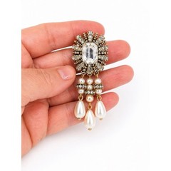 Vintage Style Rhinestone & Faux Pearl Chandelier Earrings Gold Tone